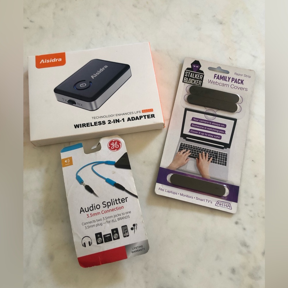 Lot of new tech items - Bluetooth Transmitter, Webcam Covers, Audio Splitter